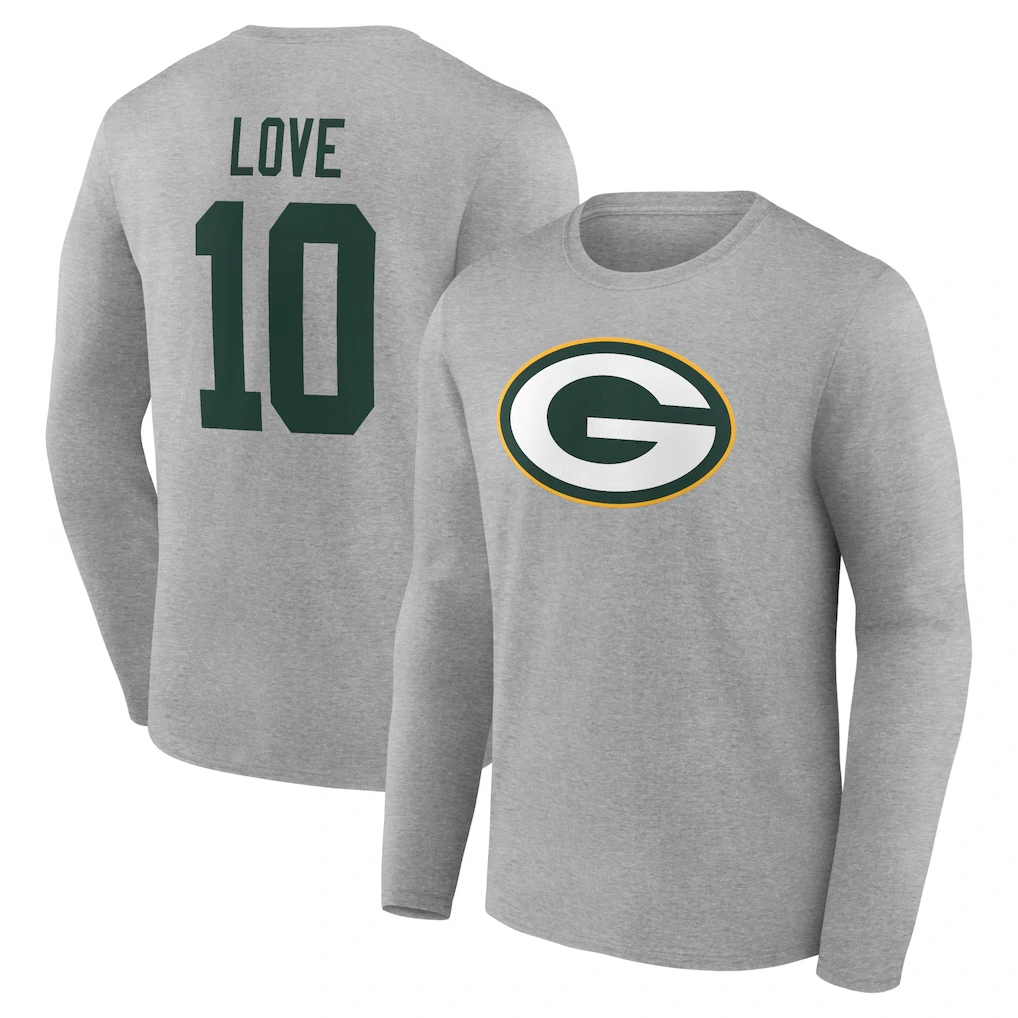 Men's Green Bay Packers Jordan Love Gray Icon Player Name & Number Long Sleeve T-Shirt