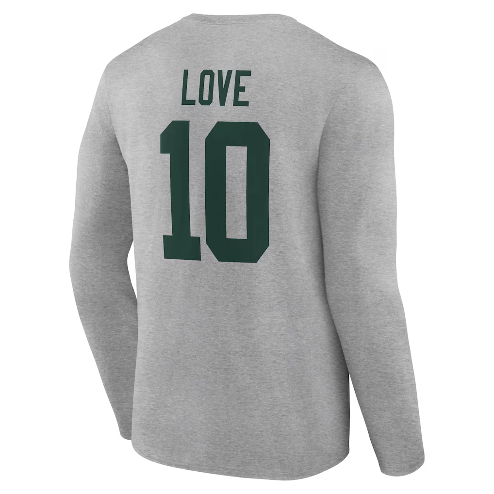 Men's Green Bay Packers Jordan Love Gray Icon Player Name & Number Long Sleeve T-Shirt
