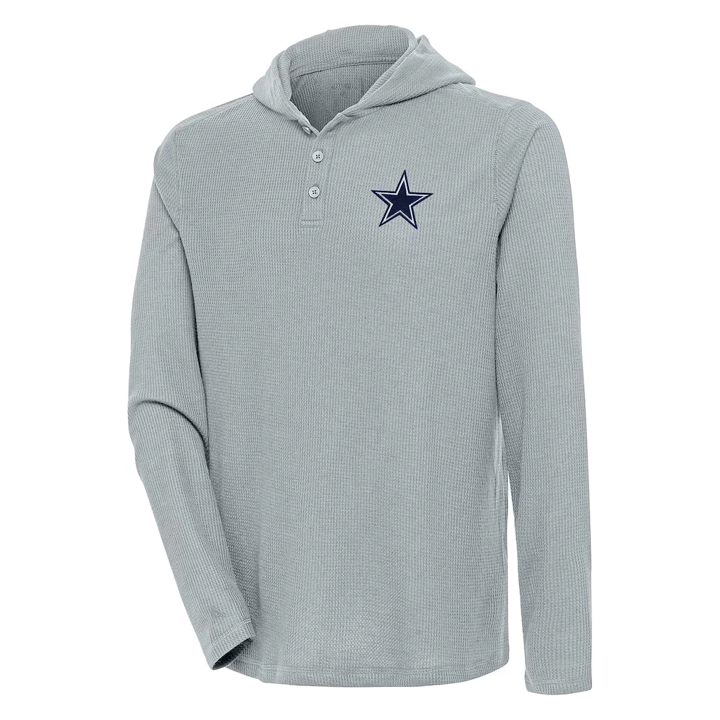 Men's Dallas Cowboys Antigua Gray Strong Hold Long Sleeve Henley Hoodie T-Shirt