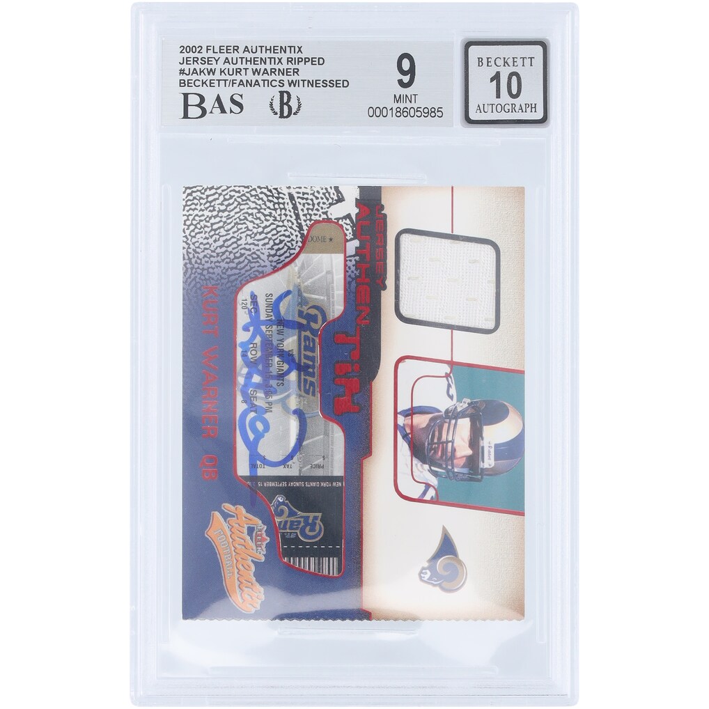 Kurt Warner St. Louis Rams Autographed 2002 Fleer Authentix Jersey Authentix Ripped White Jersey Relic #JA-KW Beckett Fanatics Witnessed Authenticated 9/10 Card