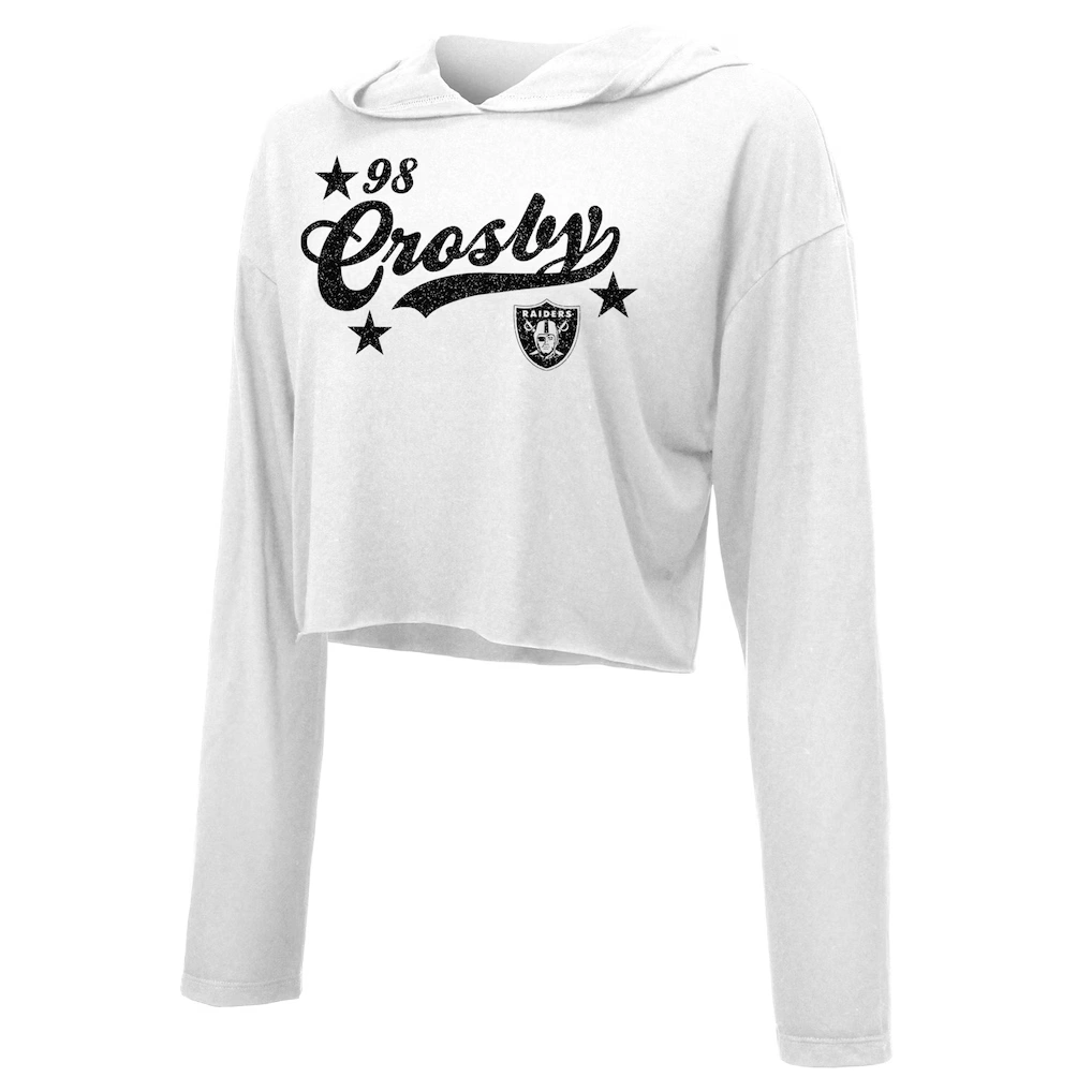 Women's Las Vegas Raiders Maxx Crosby Majestic Threads White Glitter Wordmark Hoodie