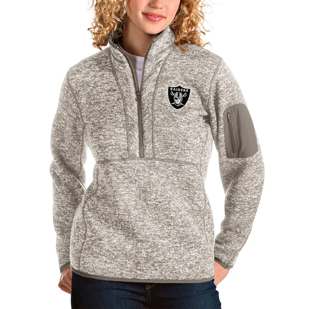 Women's Las Vegas Raiders Antigua Oatmeal Fortune Half-Zip Pullover Jacket