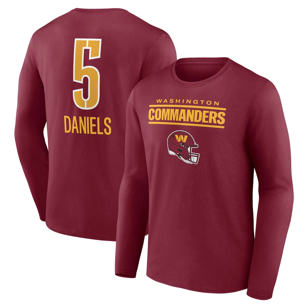 Men's Washington Commanders Jayden Daniels Burgundy Name & Number Team Wordmark Long Sleeve T-Shirt
