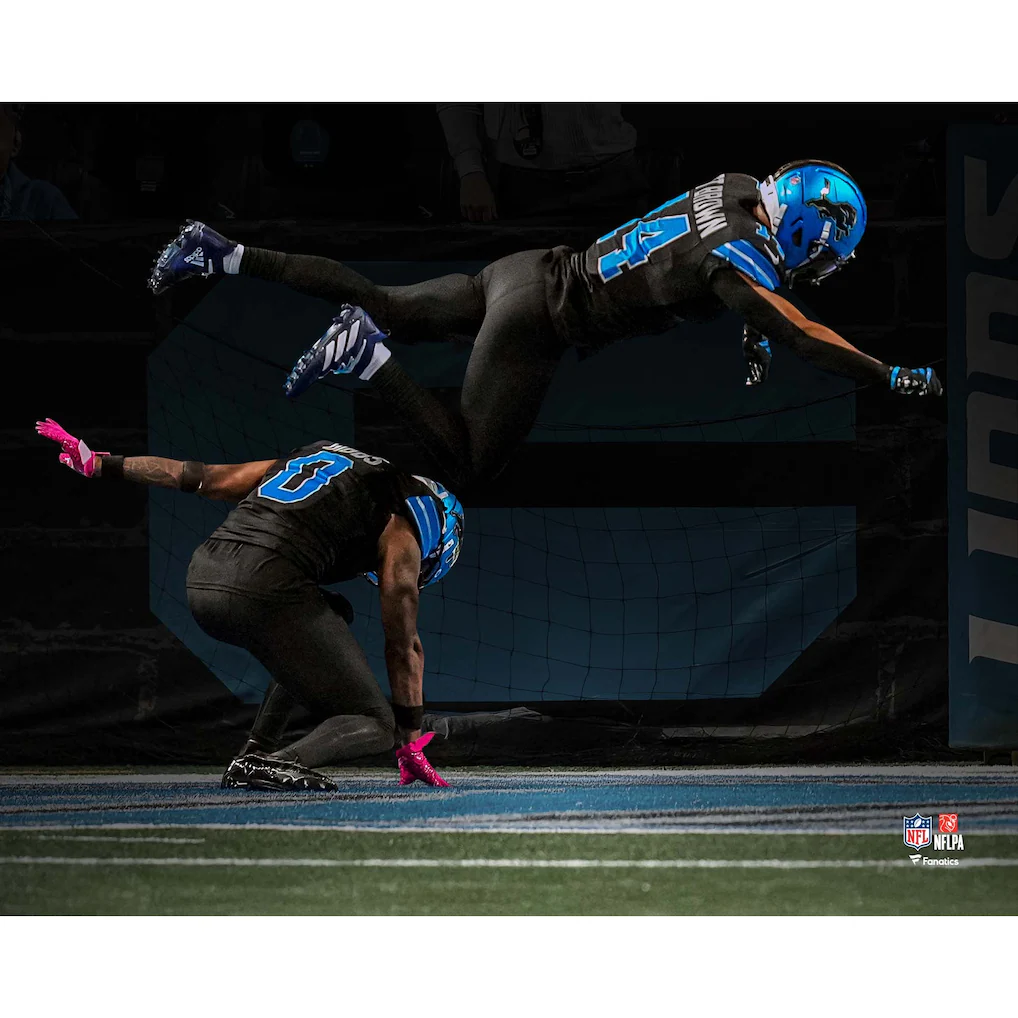 Jahmyr Gibbs & Amon-Ra St. Brown Detroit Lions Unsigned Fanatics Authentic 2025 Week 7 Touchdown Celebration Spotlight Photograph