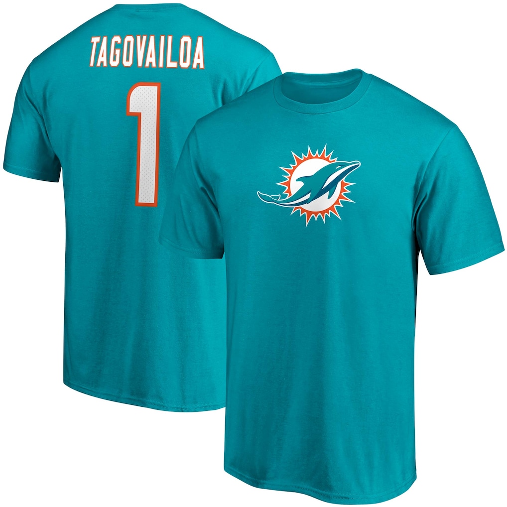 Men's Miami Dolphins Tua Tagovailoa Fanatics Aqua Player Icon Name & Number T-Shirt