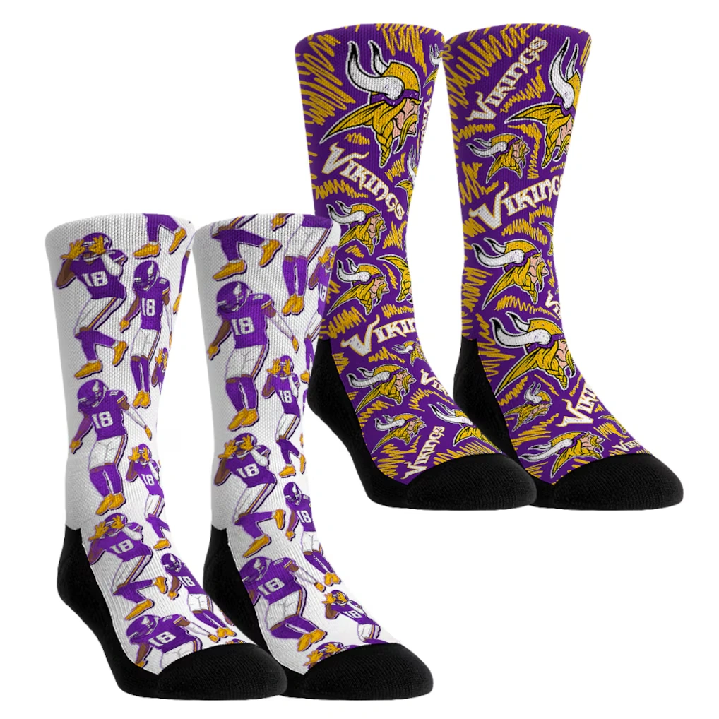 Youth Minnesota Vikings Justin Jefferson Rock Em Socks 2-Pack Reverse Hurdle Crew Socks Set