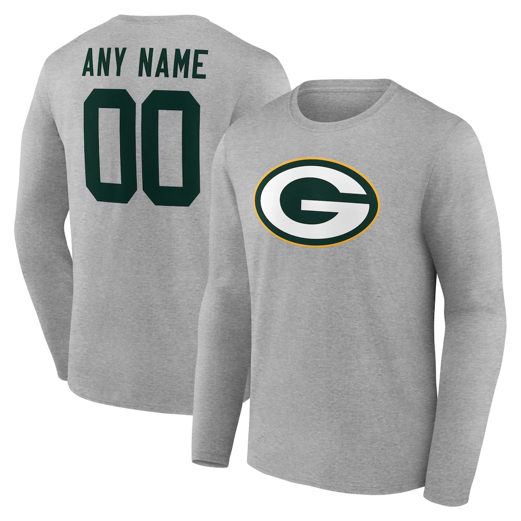 Men's Green Bay Packers Gray Team Authentic Custom Name & Number Long Sleeve T-Shirt