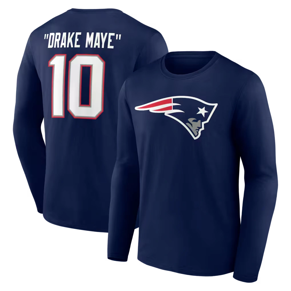 Men's New England Patriots Drake Maye Navy Nickname Long Sleeve T-Shirt
