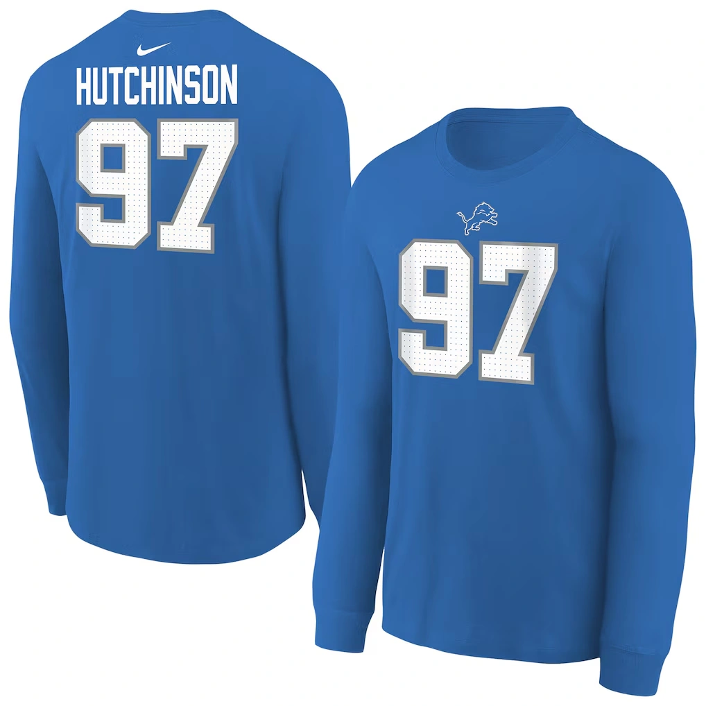 Youth Detroit Lions Aidan Hutchinson Nike Blue Player Name & Number Long Sleeve T-Shirt