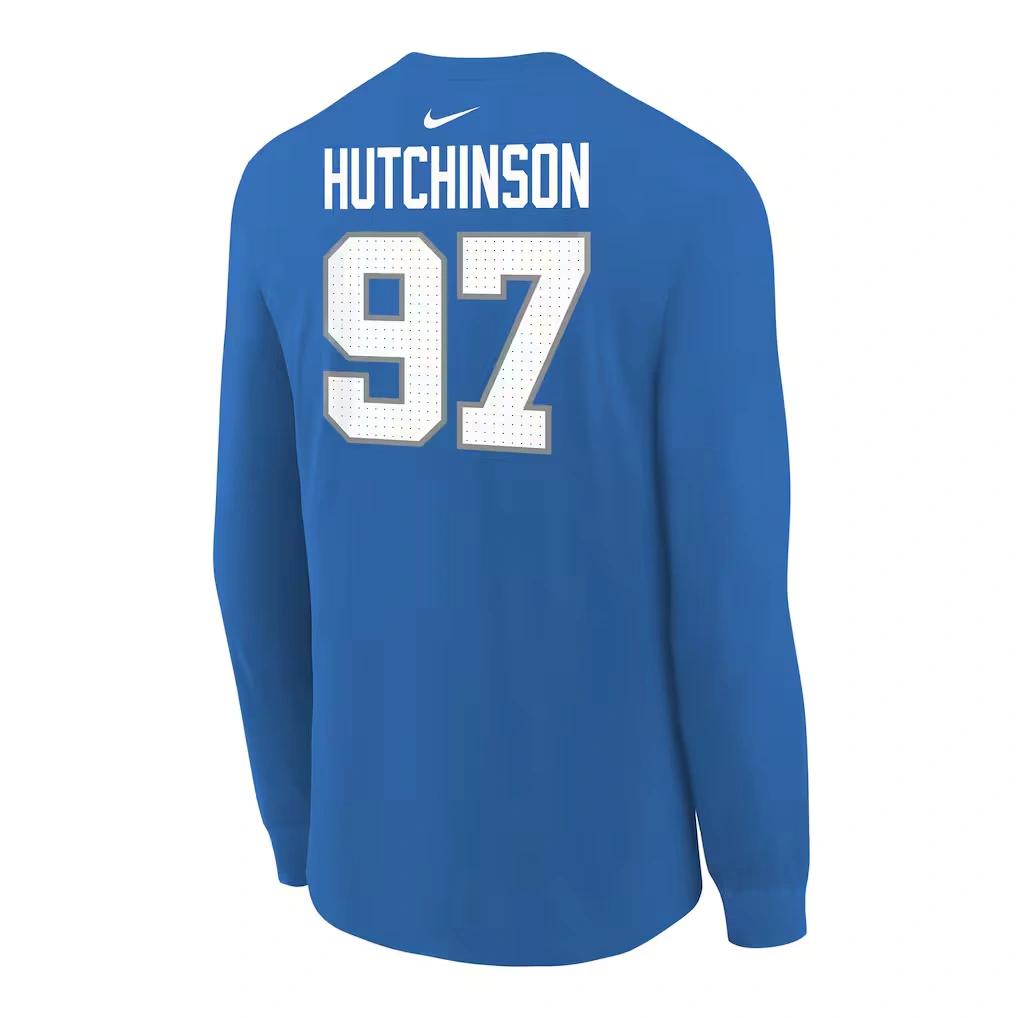Youth Detroit Lions Aidan Hutchinson Nike Blue Player Name & Number Long Sleeve T-Shirt