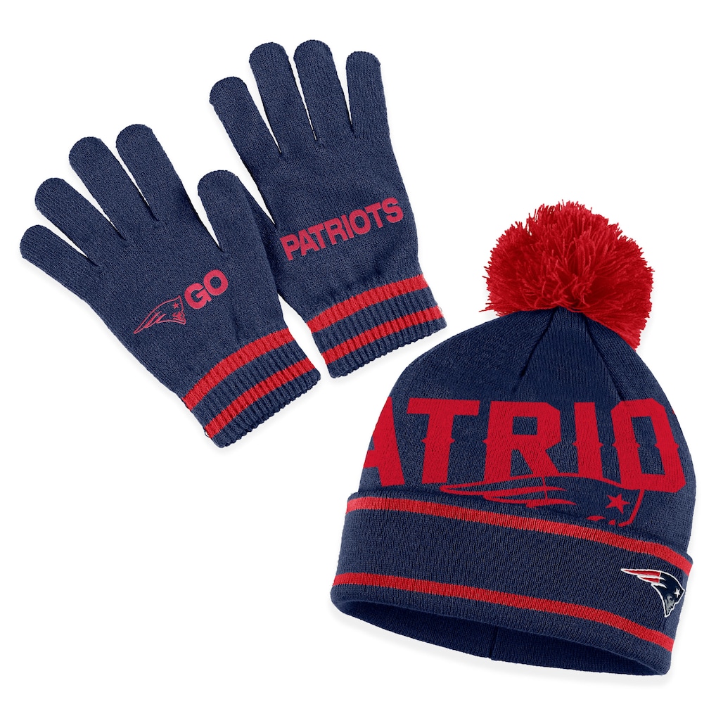 Women's New England Patriots WEAR by Erin Andrews Navy Double Jacquard Cuffed Knit Hat with Pom and Gloves Set
