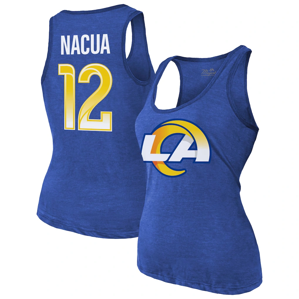 Women's Los Angeles Rams Puka Nacua Majestic Threads Royal Name & Number Tri-Blend Scoop Neck Tank Top