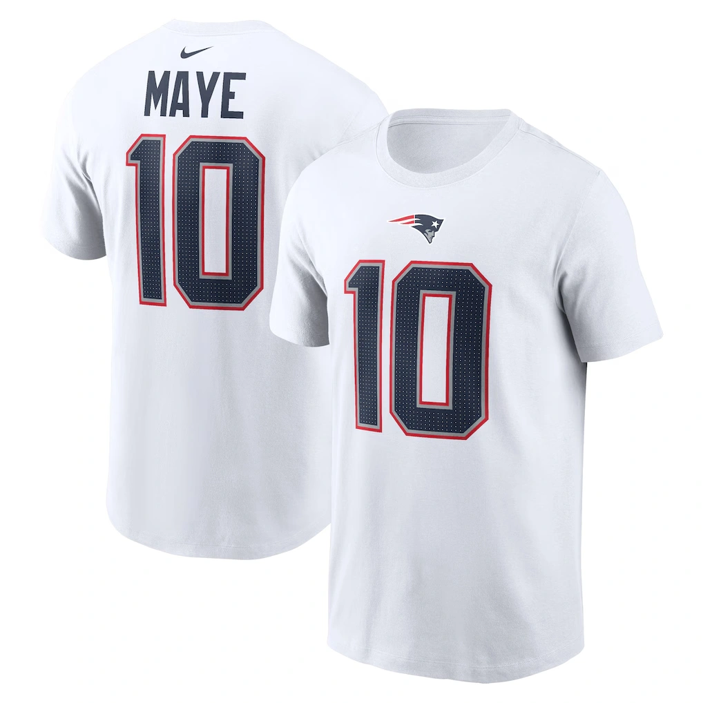 Men's New England Patriots Drake Maye Nike White Player Name & Number T-Shirt
