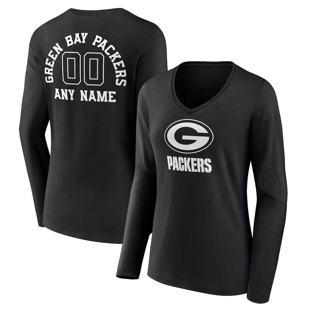 Women's Green Bay Packers Black Personalized Name & Number Monochrome Long Sleeve V-Neck T-Shirt