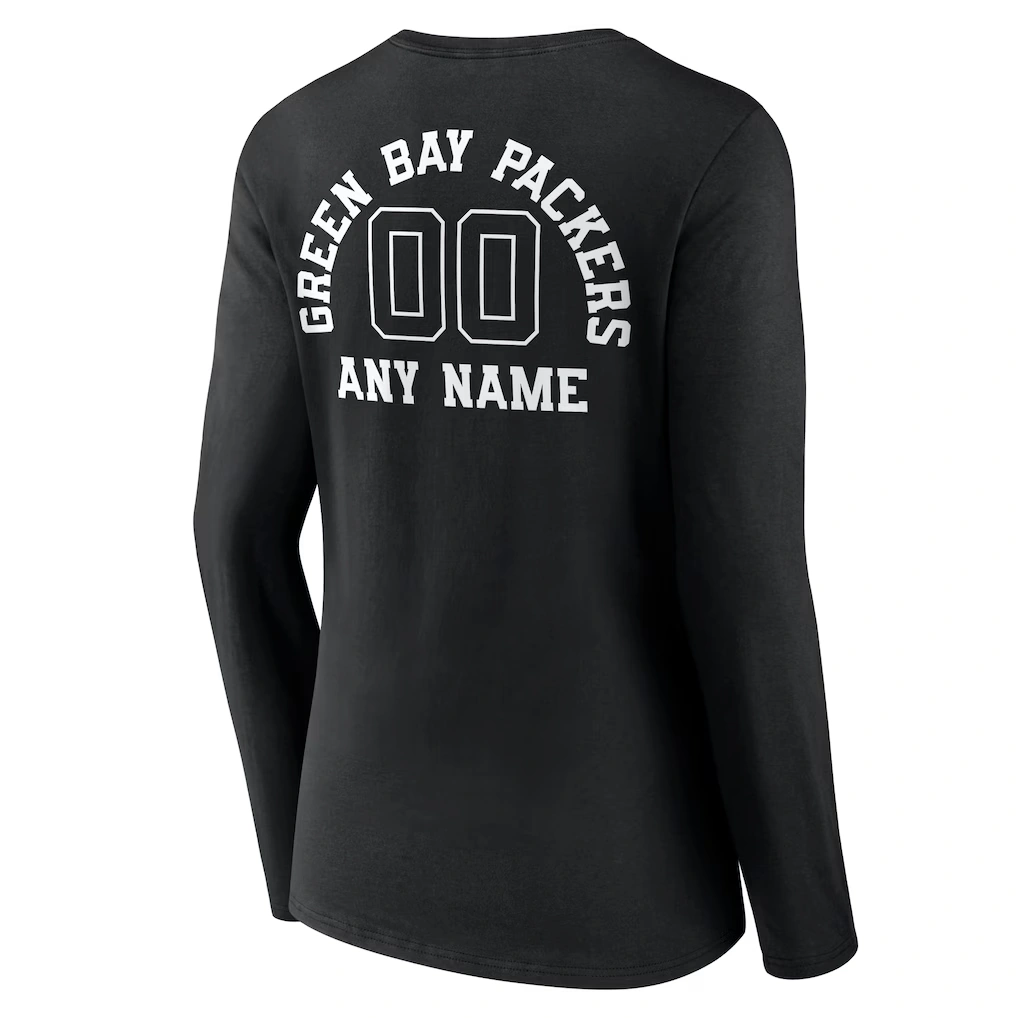 Women's Green Bay Packers Black Personalized Name & Number Monochrome Long Sleeve V-Neck T-Shirt