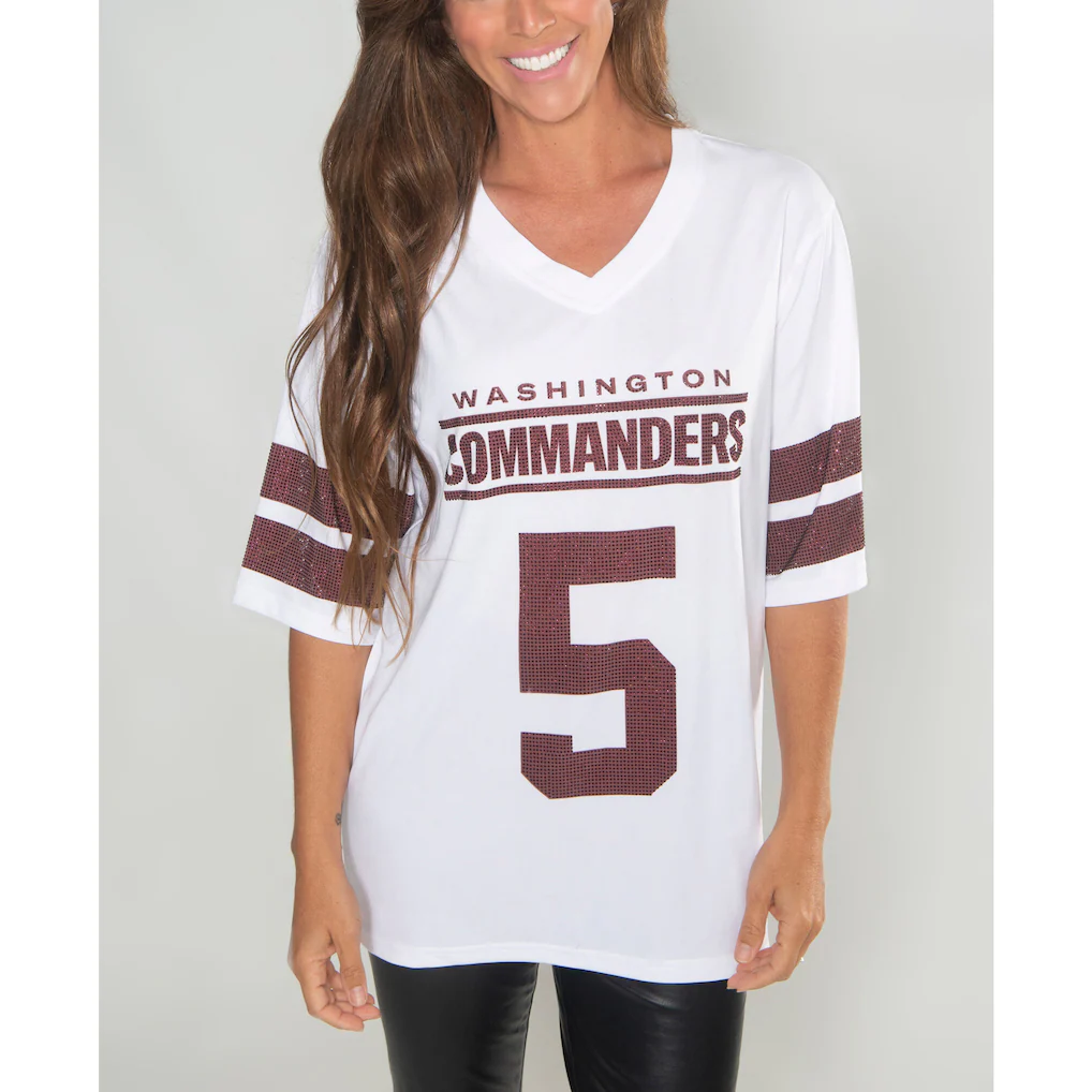Women's Washington Commanders Jayden Daniels Cuce White Crystal V-Neck Tunic