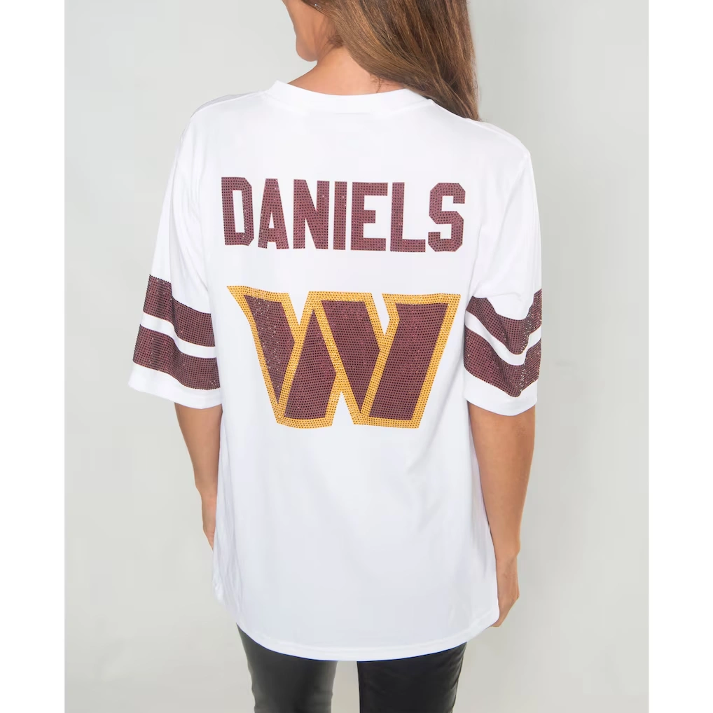 Women's Washington Commanders Jayden Daniels Cuce White Crystal V-Neck Tunic
