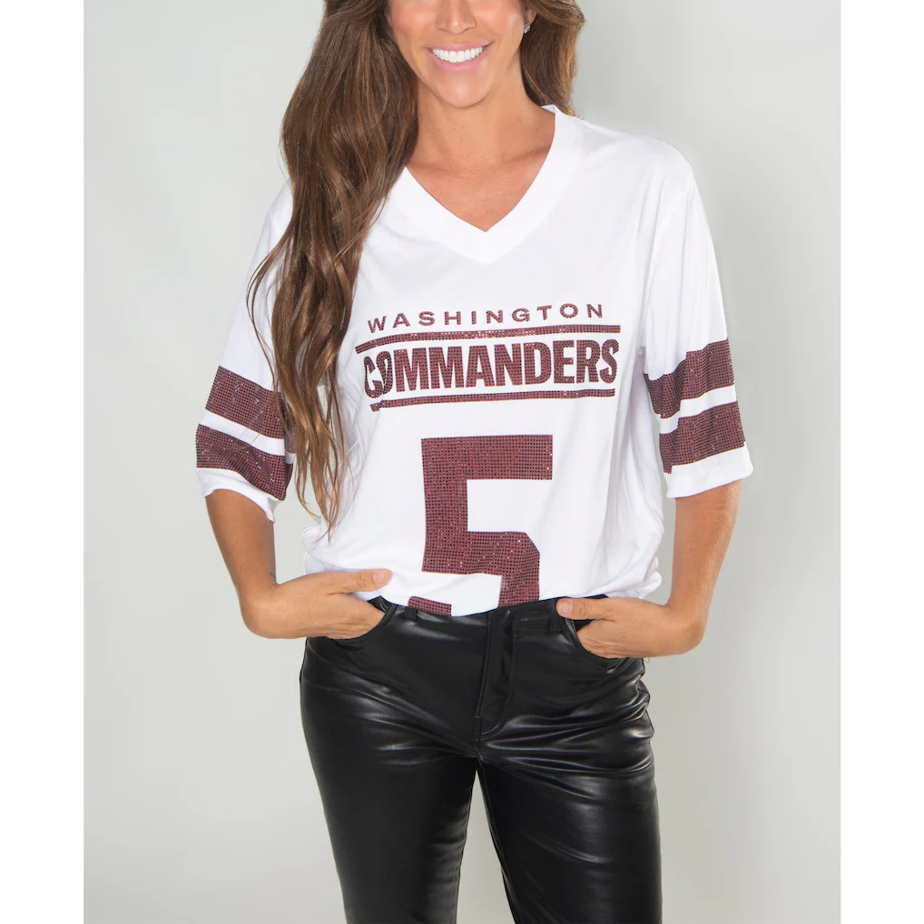 Women's Washington Commanders Jayden Daniels Cuce White Crystal V-Neck Tunic