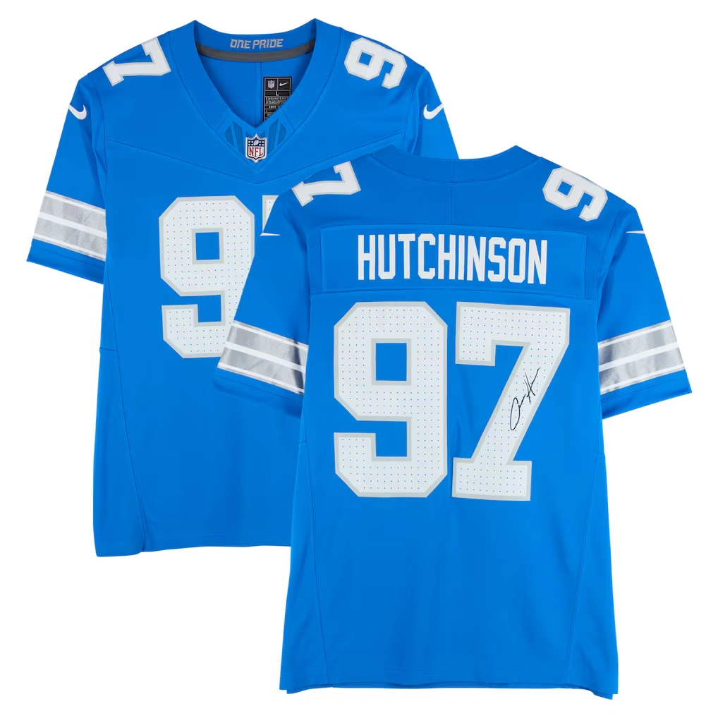 Aidan Hutchinson Detroit Lions Autographed Fanatics Authentic Blue Nike Vapor F.U.S.E. Limited Jersey