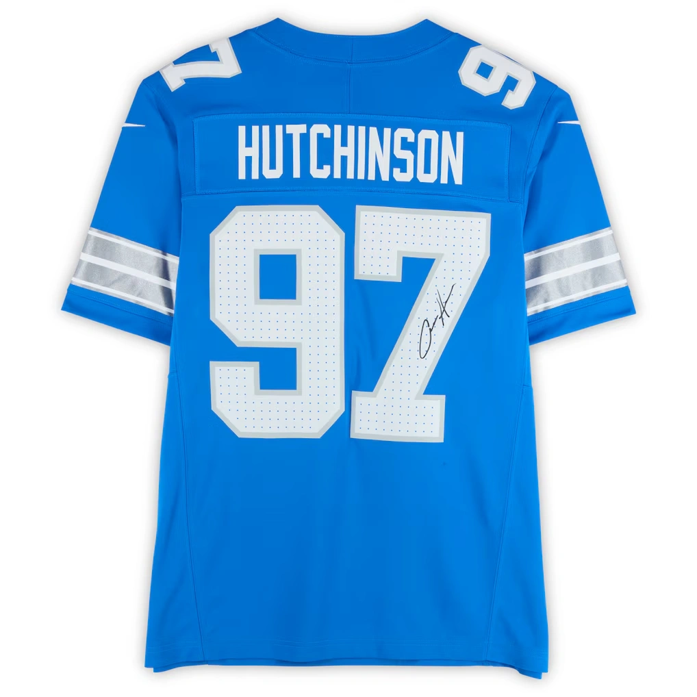 Aidan Hutchinson Detroit Lions Autographed Fanatics Authentic Blue Nike Vapor F.U.S.E. Limited Jersey