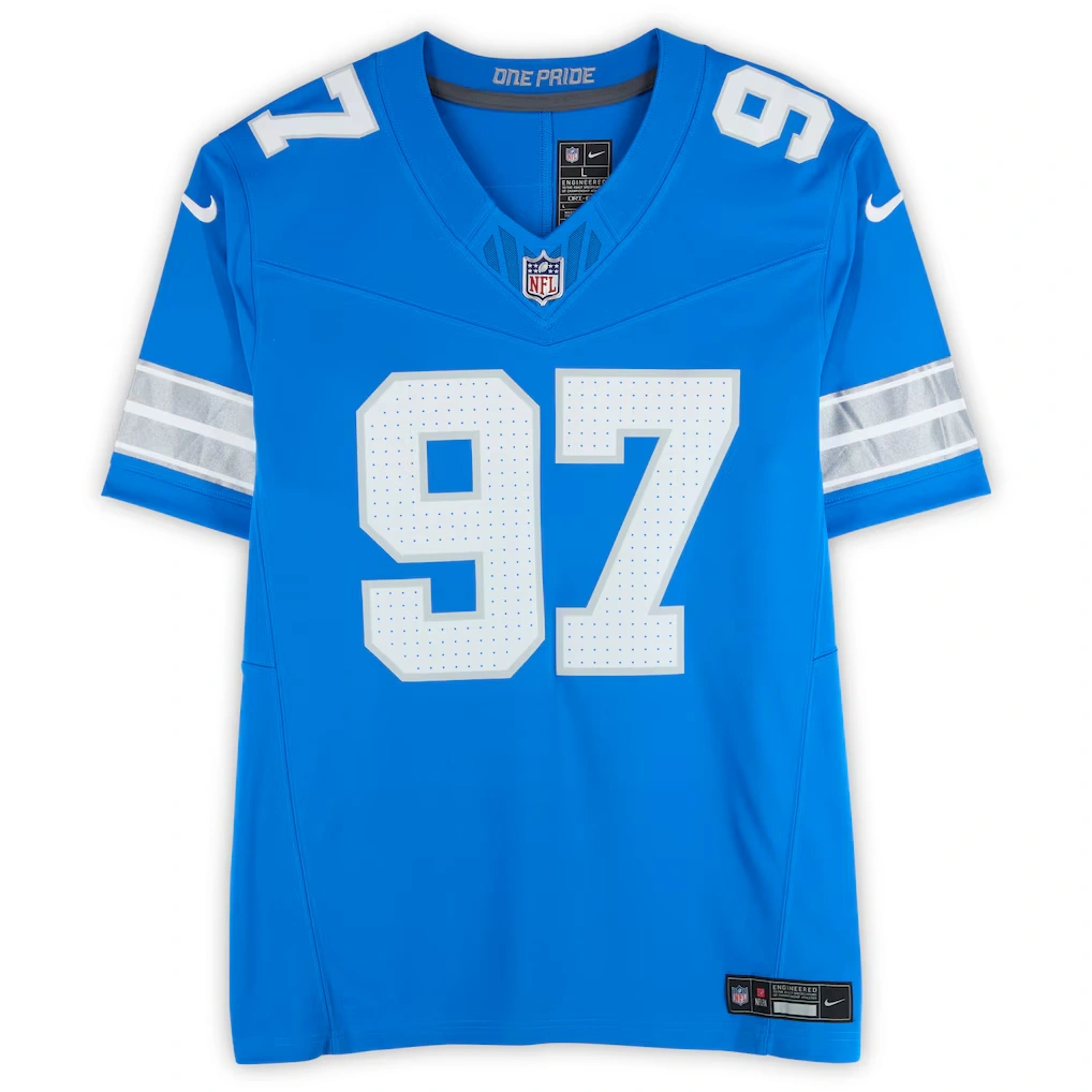 Aidan Hutchinson Detroit Lions Autographed Fanatics Authentic Blue Nike Vapor F.U.S.E. Limited Jersey