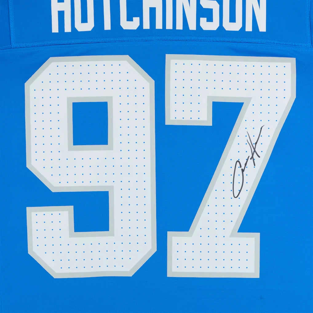 Aidan Hutchinson Detroit Lions Autographed Fanatics Authentic Blue Nike Vapor F.U.S.E. Limited Jersey