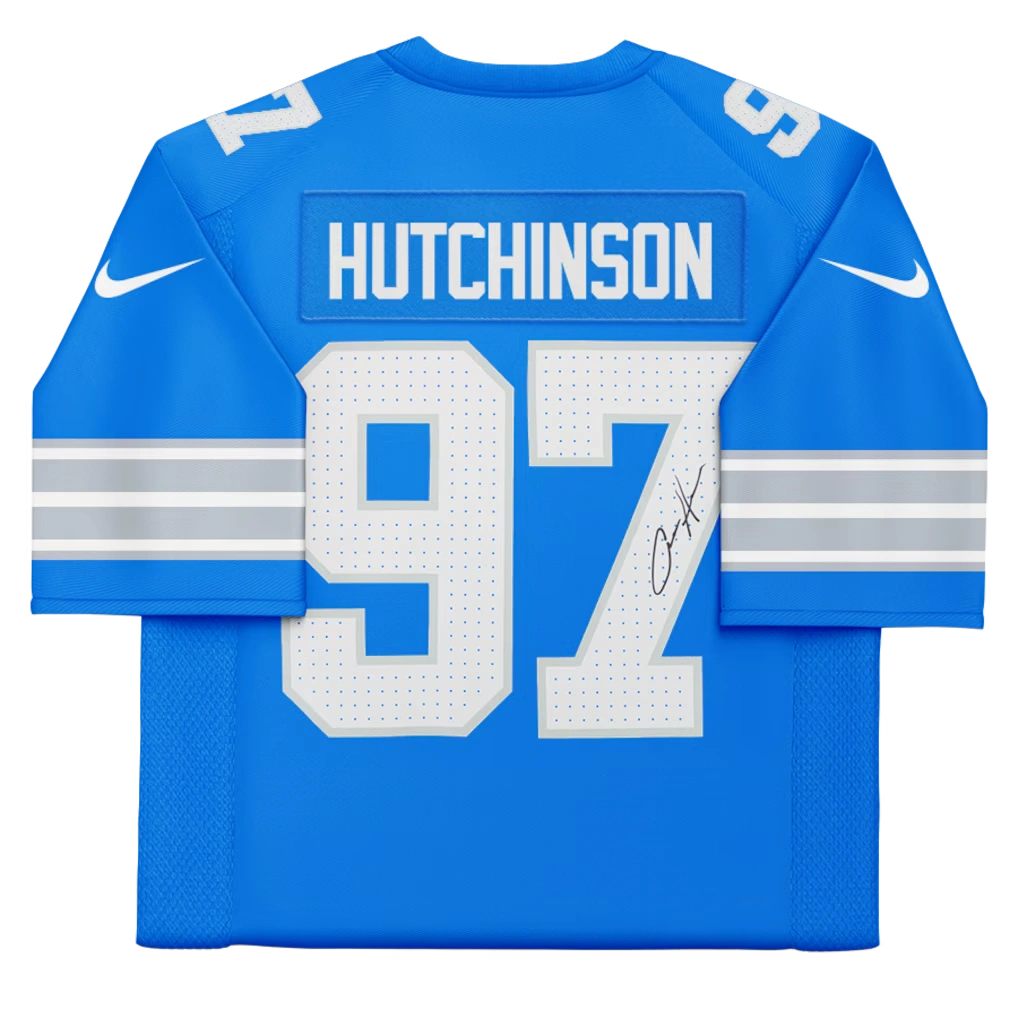 Aidan Hutchinson Detroit Lions Autographed Fanatics Authentic Blue Nike Vapor F.U.S.E. Limited Jersey