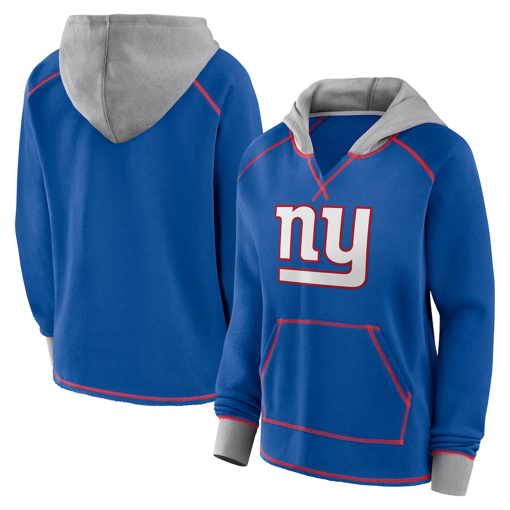 Women's New York Giants Logo Athletic Royal Boom Fleece Pullover V-Neck Hoodie