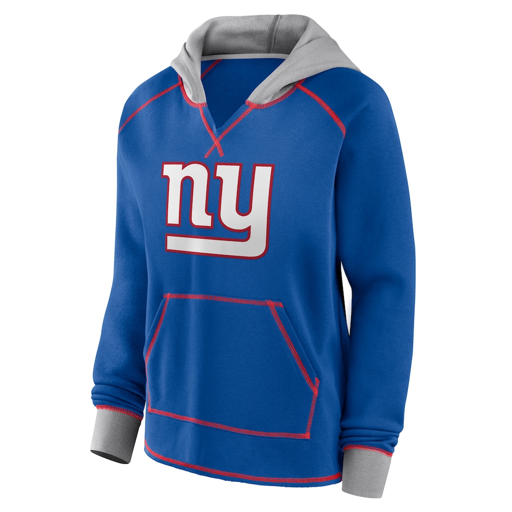 Women's New York Giants Logo Athletic Royal Boom Fleece Pullover V-Neck Hoodie