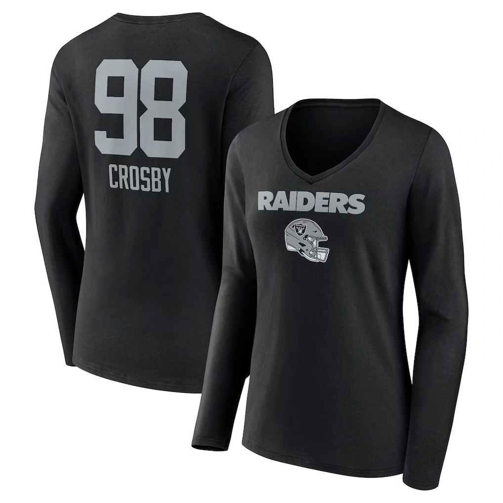 Women's Las Vegas Raiders Maxx Crosby Black Team Wordmark Player Name & Number Long Sleeve V-Neck T-Shirt