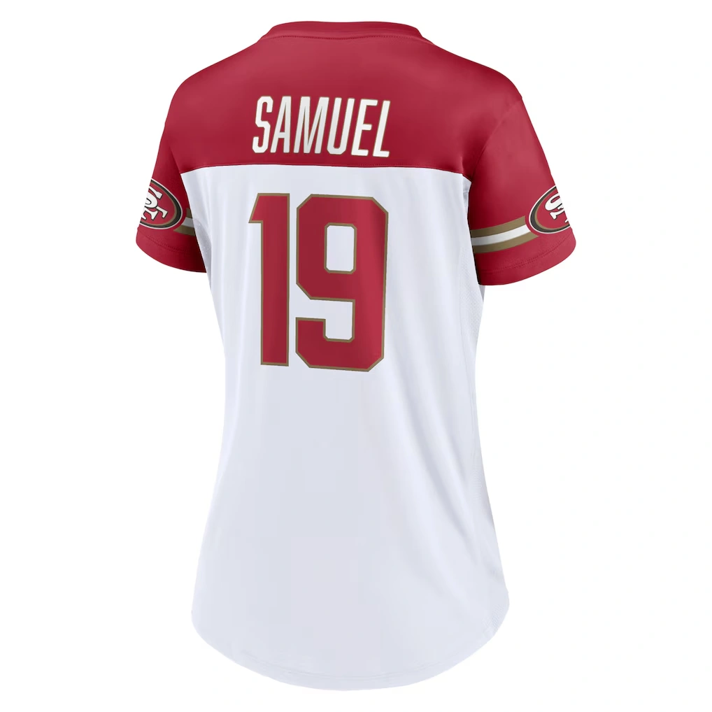 Women's San Francisco 49ers Deebo Samuel Fanatics White Athena Name & Number V-Neck Top 3 Women's San Francisco 49ers Deebo Samuel Fanatics White Athena Name & Number V-Neck Top