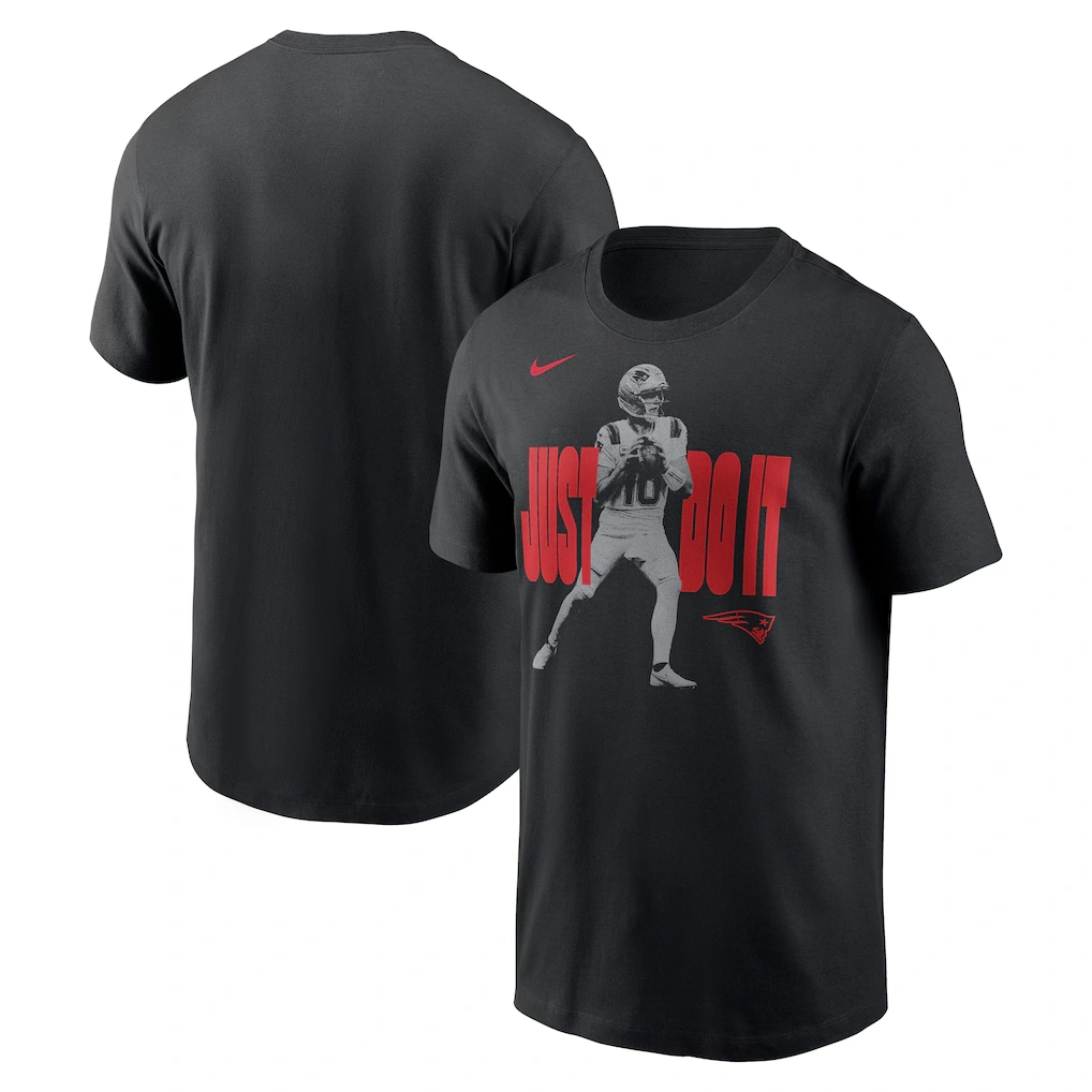 Men's New England Patriots Drake Maye Nike Black Just Do It T-Shirt