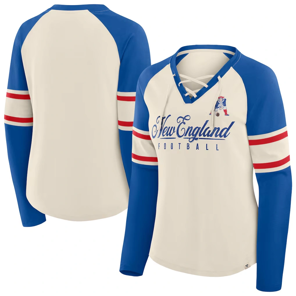 Women's New England Patriots Fanatics Cream/Royal Hometown Gridiron Hero Raglan Lace-Up V-Neck Long Sleeve T-Shirt