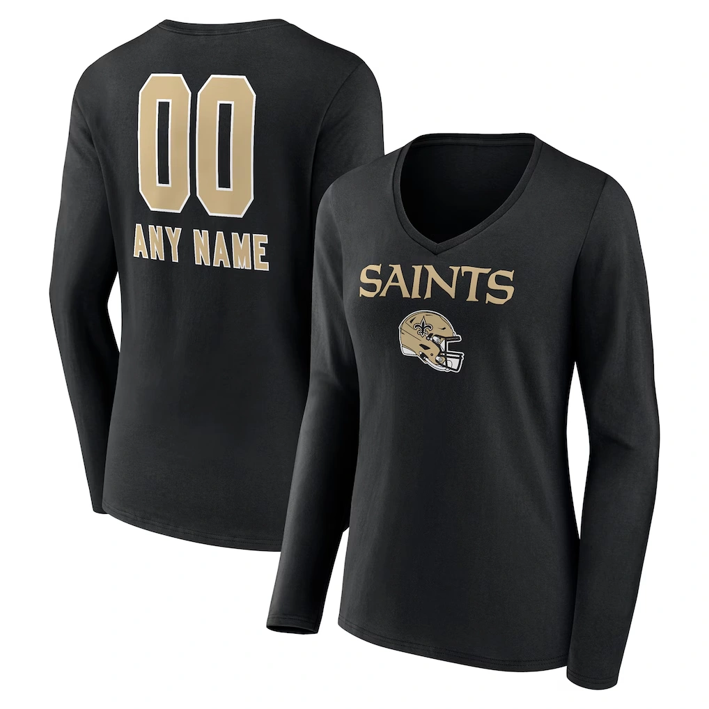 Women's New Orleans Saints Black Personalized Name & Number Team Wordmark Long Sleeve V-Neck T-Shirt