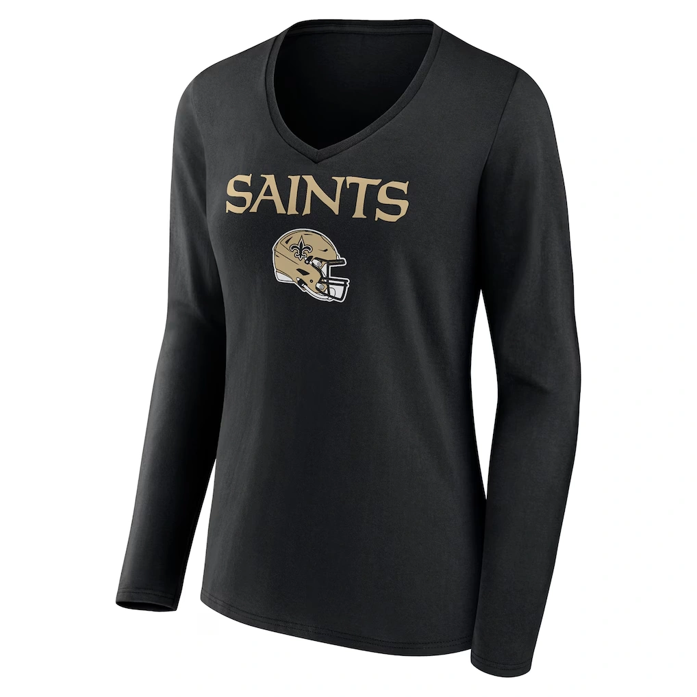 Women's New Orleans Saints Black Personalized Name & Number Team Wordmark Long Sleeve V-Neck T-Shirt