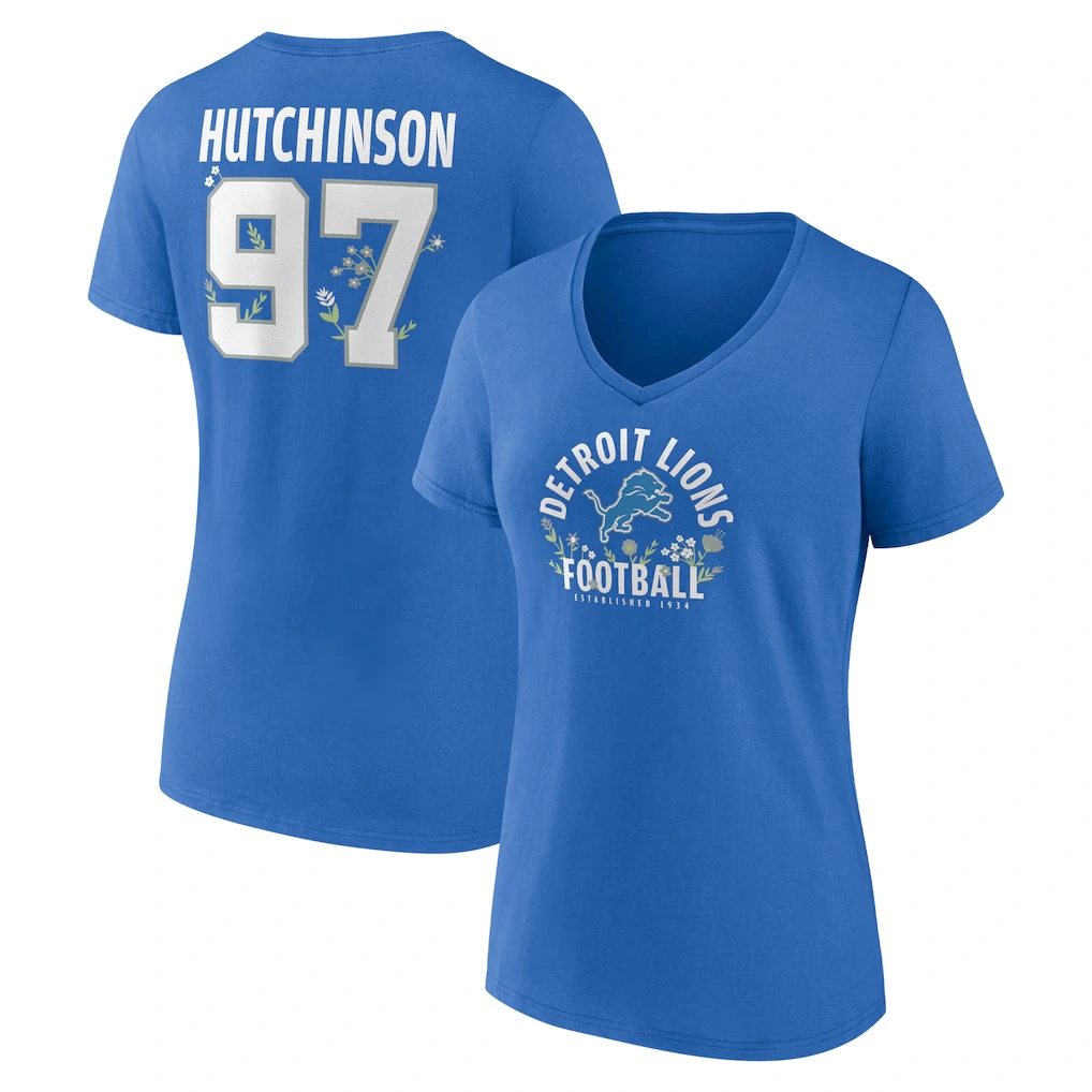 Women's Detroit Lions Aidan Hutchinson Blue Floral Name & Number V-Neck T-Shirt