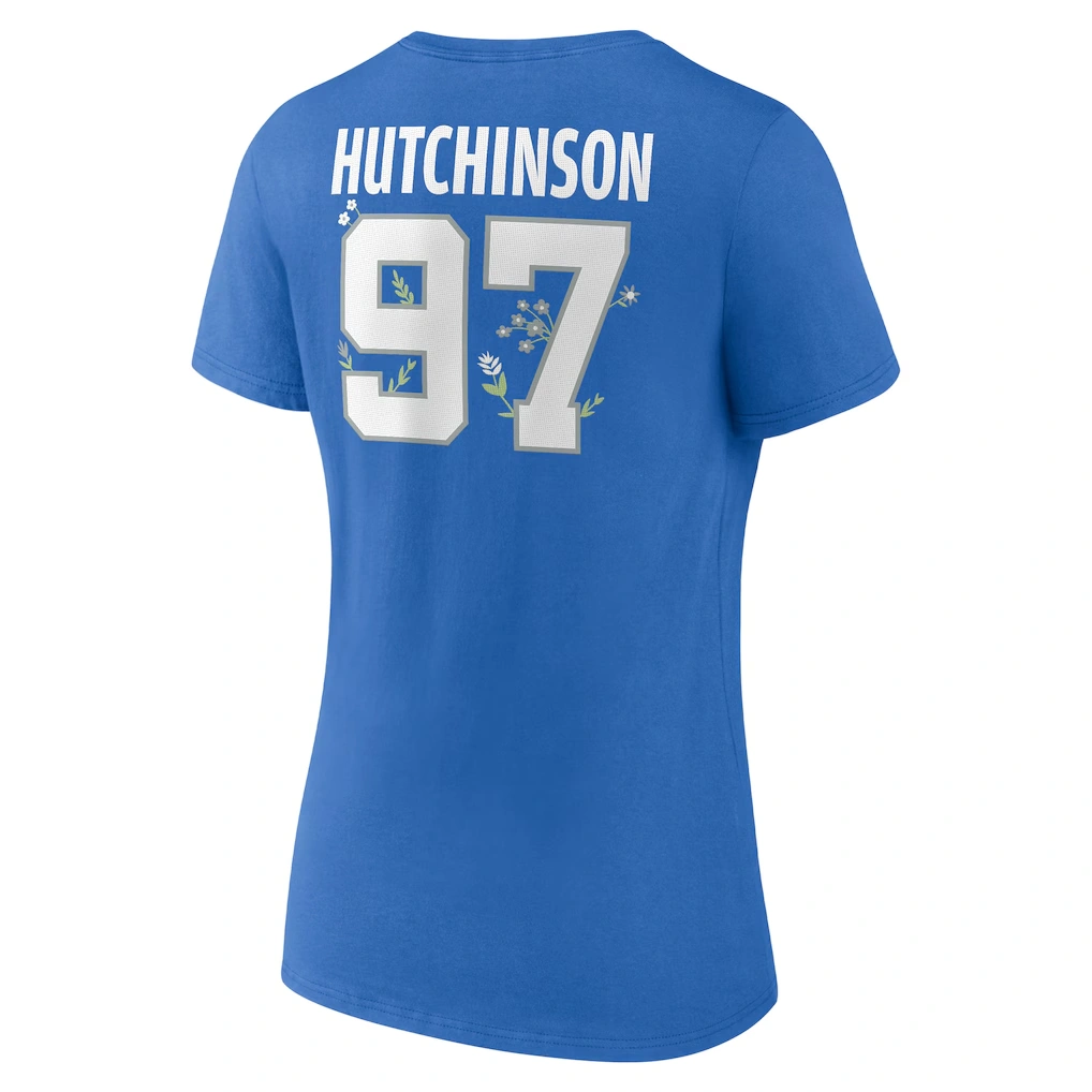 Women's Detroit Lions Aidan Hutchinson Blue Floral Name & Number V-Neck T-Shirt