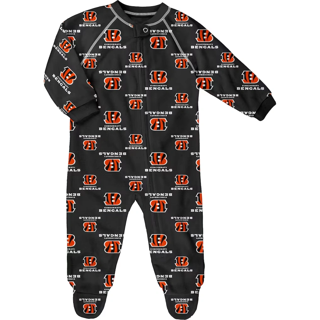 Newborn & Infant Cincinnati Bengals Black Allover Print Raglan Full-Zip Sleeper