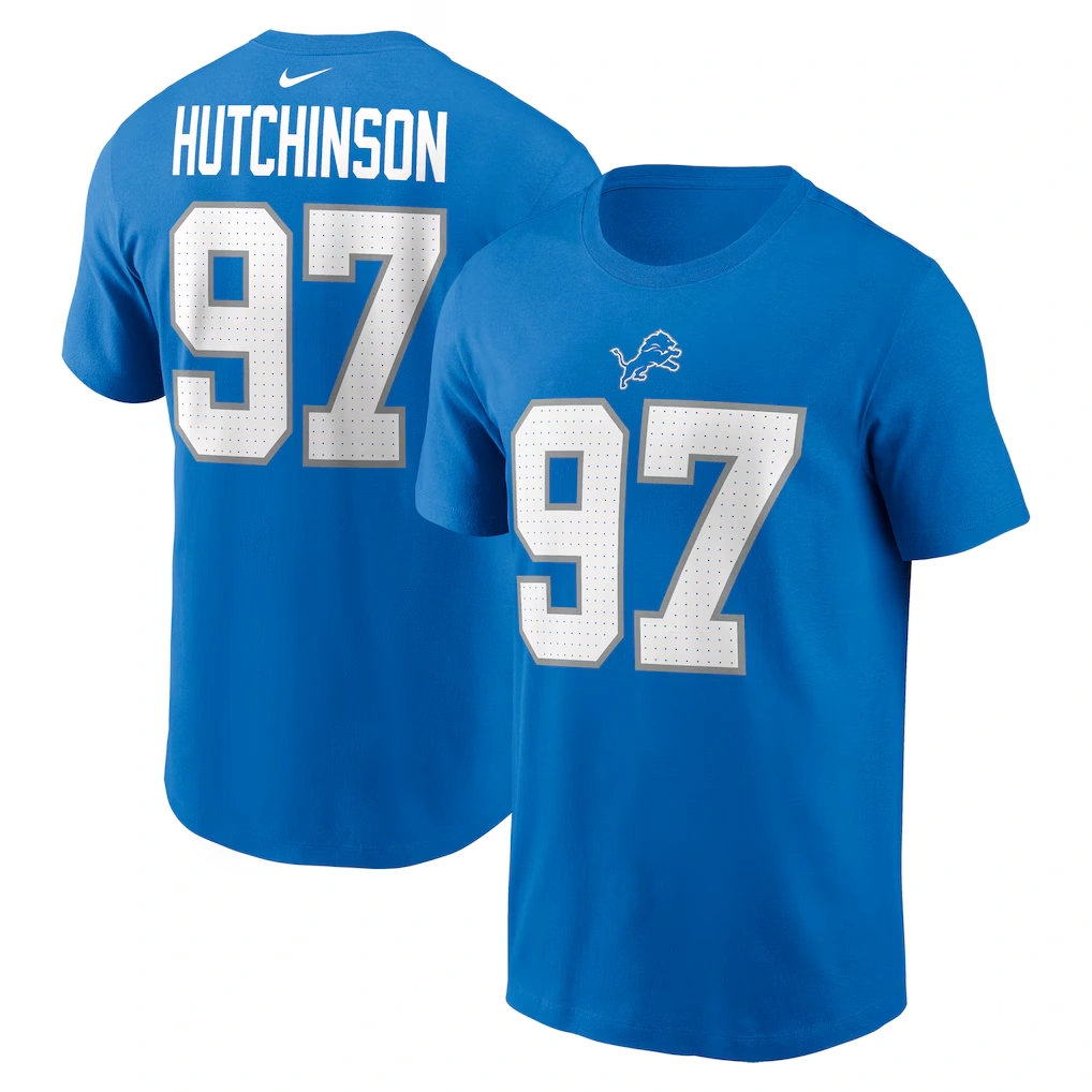 Youth Detroit Lions Aidan Hutchinson Blue Nike Player Name & Number T-Shirt