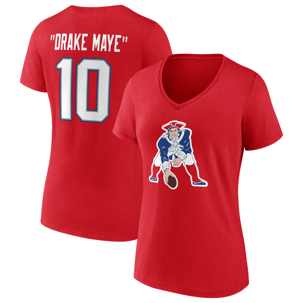 Women's New England Patriots Drake Maye Red Nickname V-Neck T-Shirt