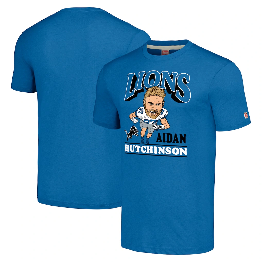 Unisex Detroit Lions Aidan Hutchinson Homage Blue Caricature Player Tri-Blend T-Shirt