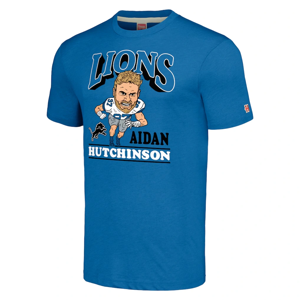 Unisex Detroit Lions Aidan Hutchinson Homage Blue Caricature Player Tri-Blend T-Shirt