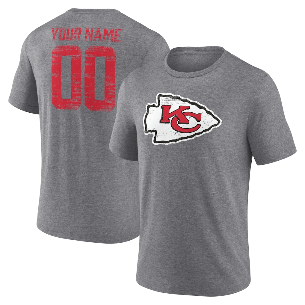 Men's Kansas City Chiefs Gray Heritage Custom Name & Number Tri-Blend T-Shirt