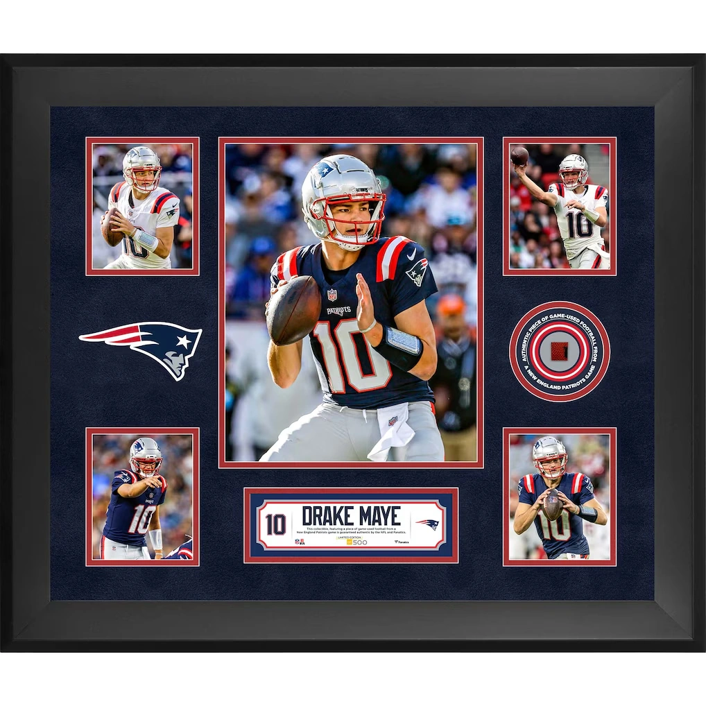Drake Maye New England Patriots Fanatics Authentic Framed 20" x 24" 5-Photo Collage with a Piece of Game-Used Football - Limited Edition of 500