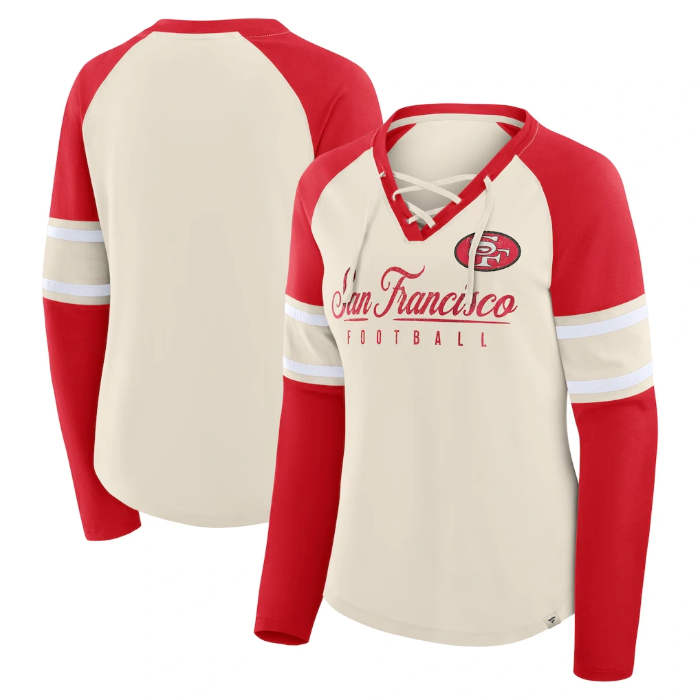 Women's San Francisco 49ers Fanatics Cream/Scarlet Hometown Gridiron Hero Raglan Lace-Up V-Neck Long Sleeve T-Shirt