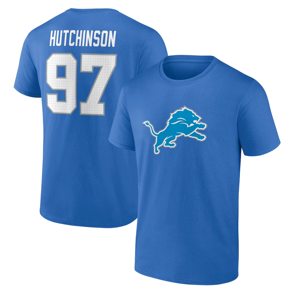 Men's Detroit Lions Aidan Hutchinson Blue Icon Name & Number T-Shirt