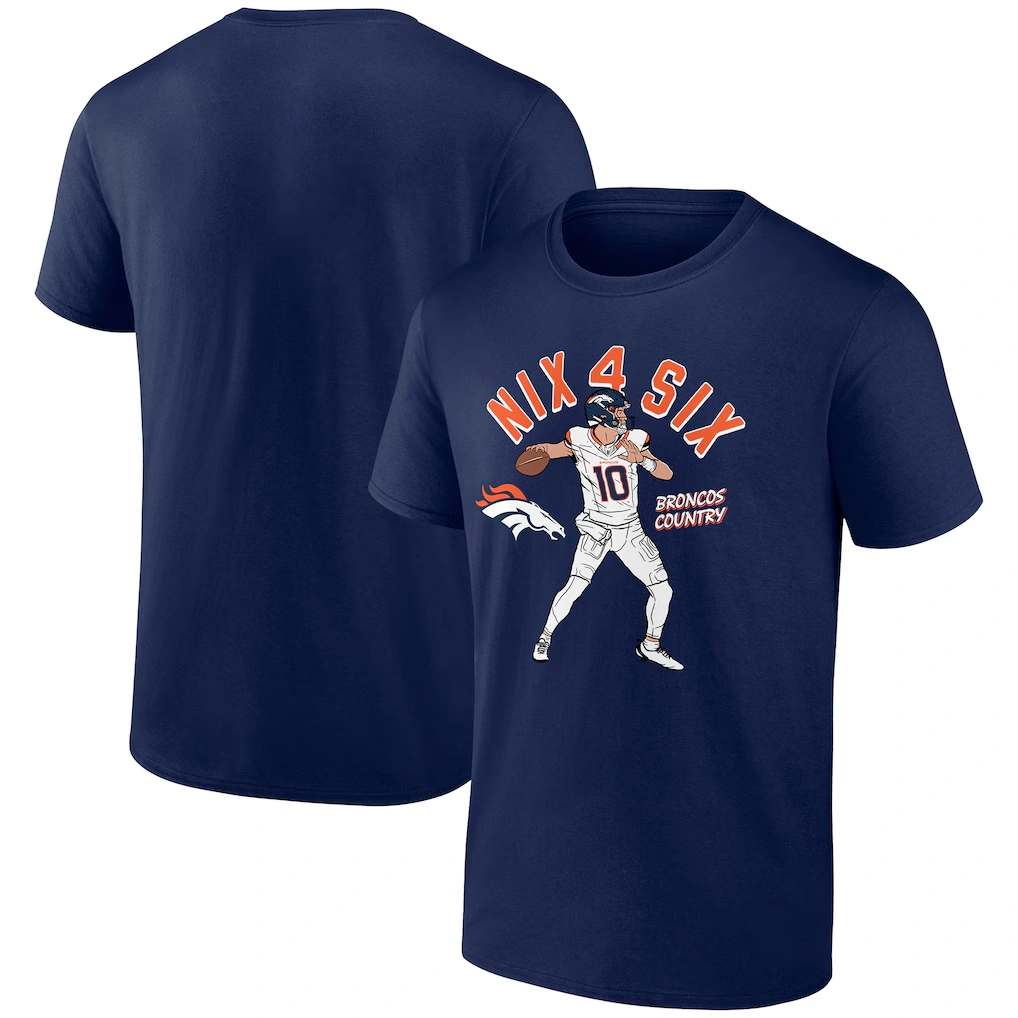 Men's Denver Broncos Bo Nix Navy Player Illustrative Pack T-Shirt