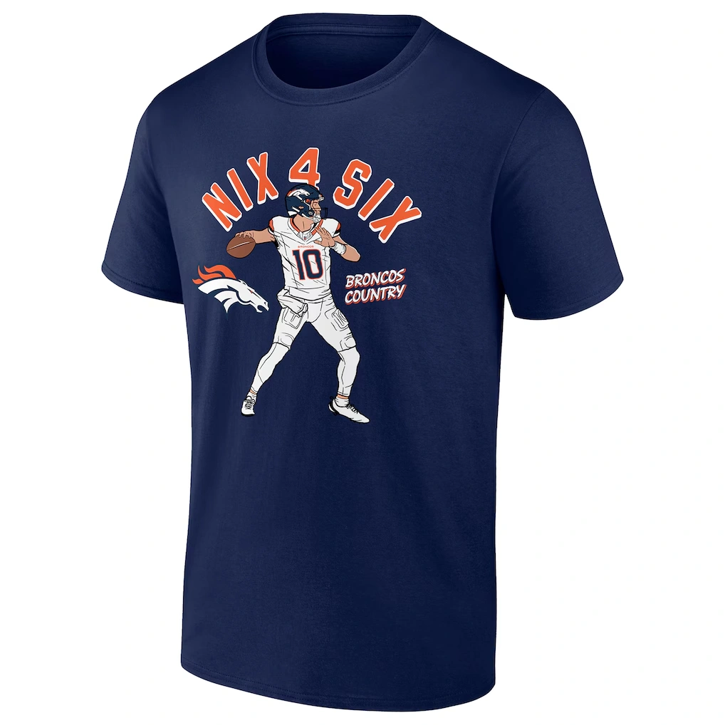 Men's Denver Broncos Bo Nix Navy Player Illustrative Pack T-Shirt