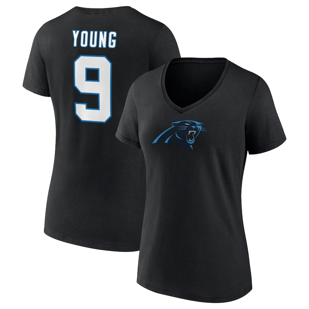 Women's Carolina Panthers Bryce Young Fanatics Black Icon Name & Number V-Neck T-Shirt
