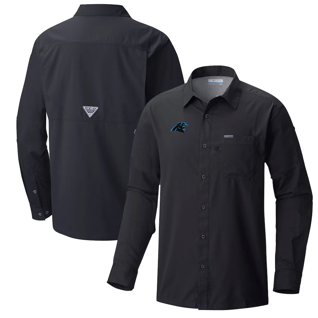 Men's Carolina Panthers Columbia Black Slack Tide Omni-Wick Long Sleeve Button-Up Shirt